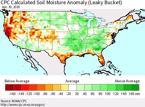 United States CPC Calculated Soil Moisture Anomaly (Leaky Bucket) Thematic Map For 4/26/2020 - 4/30/2020