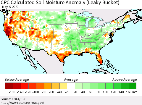 United States CPC Calculated Soil Moisture Anomaly (Leaky Bucket) Thematic Map For 5/1/2020 - 5/5/2020