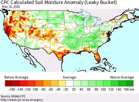 United States CPC Calculated Soil Moisture Anomaly (Leaky Bucket) Thematic Map For 5/6/2020 - 5/10/2020