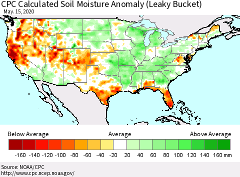 United States CPC Calculated Soil Moisture Anomaly (Leaky Bucket) Thematic Map For 5/11/2020 - 5/15/2020