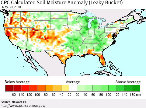 United States CPC Soil Moisture Departure from Normal (Leaky Bucket) Thematic Map For 5/16/2020 - 5/20/2020