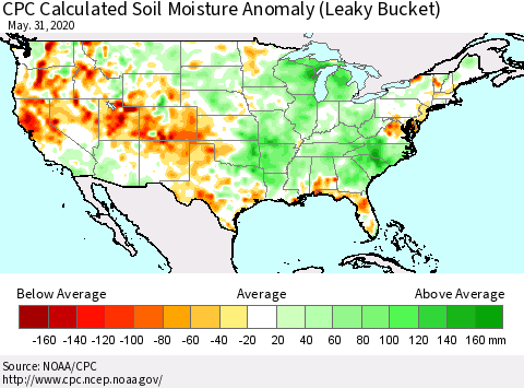 United States CPC Calculated Soil Moisture Anomaly (Leaky Bucket) Thematic Map For 5/26/2020 - 5/31/2020