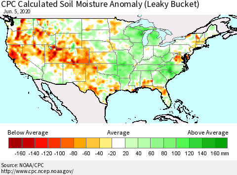United States CPC Soil Moisture Departure from Normal (Leaky Bucket) Thematic Map For 6/1/2020 - 6/5/2020