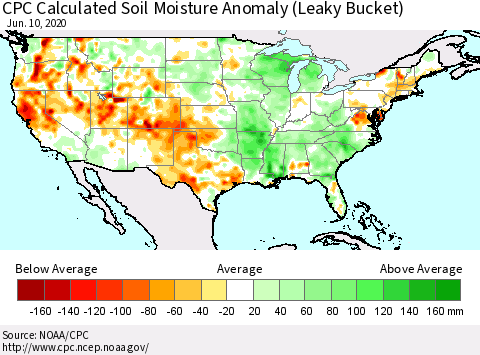 United States CPC Calculated Soil Moisture Anomaly (Leaky Bucket) Thematic Map For 6/6/2020 - 6/10/2020