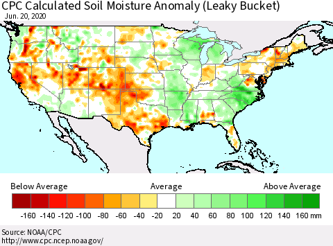 United States CPC Soil Moisture Departure from Normal (Leaky Bucket) Thematic Map For 6/16/2020 - 6/20/2020