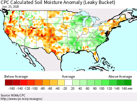 United States CPC Calculated Soil Moisture Anomaly (Leaky Bucket) Thematic Map For 6/21/2020 - 6/25/2020