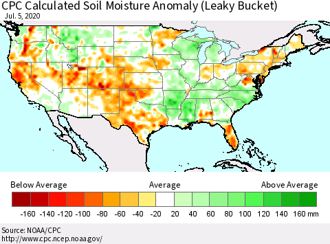 United States CPC Soil Moisture Departure from Normal (Leaky Bucket) Thematic Map For 7/1/2020 - 7/5/2020