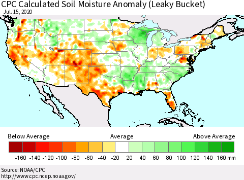 United States CPC Calculated Soil Moisture Anomaly (Leaky Bucket) Thematic Map For 7/11/2020 - 7/15/2020