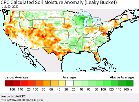 United States CPC Calculated Soil Moisture Anomaly (Leaky Bucket) Thematic Map For 7/16/2020 - 7/20/2020