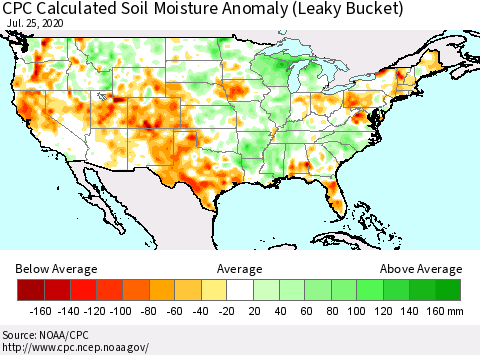 United States CPC Calculated Soil Moisture Anomaly (Leaky Bucket) Thematic Map For 7/21/2020 - 7/25/2020