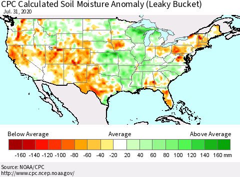 United States CPC Calculated Soil Moisture Anomaly (Leaky Bucket) Thematic Map For 7/26/2020 - 7/31/2020