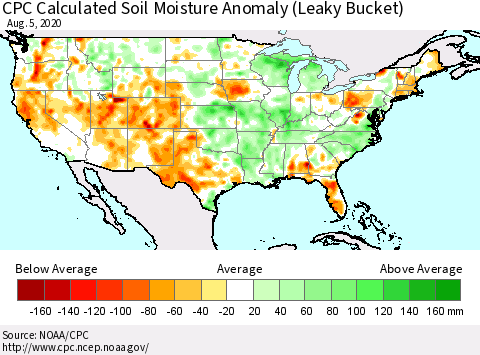United States CPC Calculated Soil Moisture Anomaly (Leaky Bucket) Thematic Map For 8/1/2020 - 8/5/2020