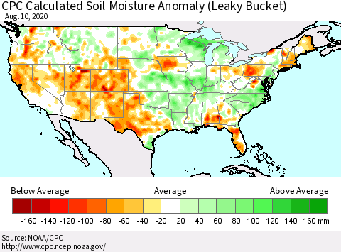 United States CPC Soil Moisture Departure from Normal (Leaky Bucket) Thematic Map For 8/6/2020 - 8/10/2020