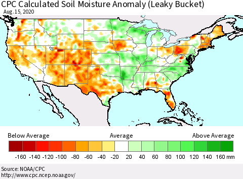 United States CPC Calculated Soil Moisture Anomaly (Leaky Bucket) Thematic Map For 8/11/2020 - 8/15/2020
