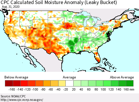 United States CPC Calculated Soil Moisture Anomaly (Leaky Bucket) Thematic Map For 8/26/2020 - 8/31/2020