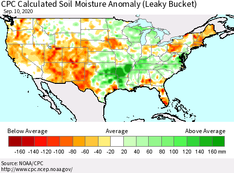 United States CPC Calculated Soil Moisture Anomaly (Leaky Bucket) Thematic Map For 9/6/2020 - 9/10/2020