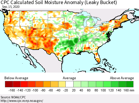 United States CPC Calculated Soil Moisture Anomaly (Leaky Bucket) Thematic Map For 9/11/2020 - 9/15/2020