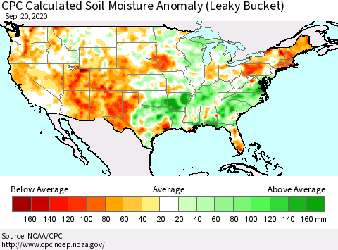 United States CPC Calculated Soil Moisture Anomaly (Leaky Bucket) Thematic Map For 9/16/2020 - 9/20/2020