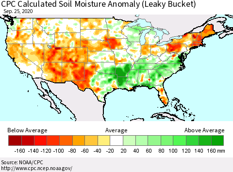 United States CPC Calculated Soil Moisture Anomaly (Leaky Bucket) Thematic Map For 9/21/2020 - 9/25/2020