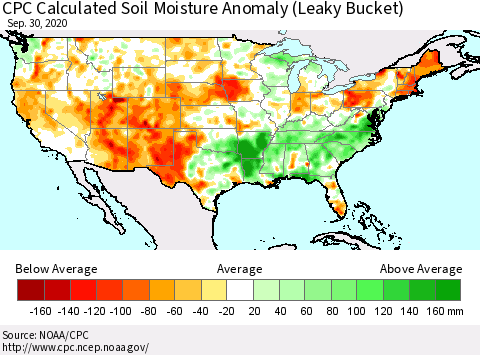 United States CPC Calculated Soil Moisture Anomaly (Leaky Bucket) Thematic Map For 9/26/2020 - 9/30/2020