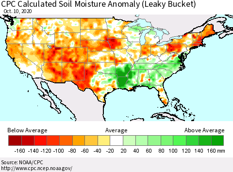 United States CPC Calculated Soil Moisture Anomaly (Leaky Bucket) Thematic Map For 10/6/2020 - 10/10/2020