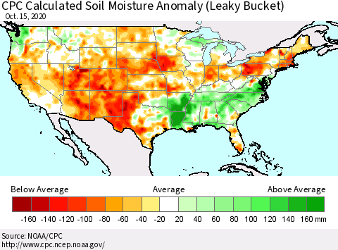 United States CPC Calculated Soil Moisture Anomaly (Leaky Bucket) Thematic Map For 10/11/2020 - 10/15/2020