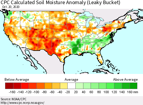 United States CPC Calculated Soil Moisture Anomaly (Leaky Bucket) Thematic Map For 10/16/2020 - 10/20/2020