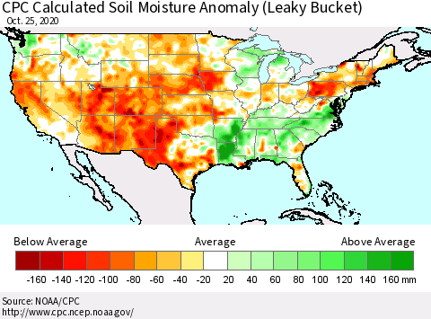 United States CPC Calculated Soil Moisture Anomaly (Leaky Bucket) Thematic Map For 10/21/2020 - 10/25/2020