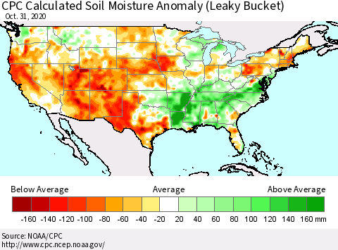 United States CPC Calculated Soil Moisture Anomaly (Leaky Bucket) Thematic Map For 10/26/2020 - 10/31/2020