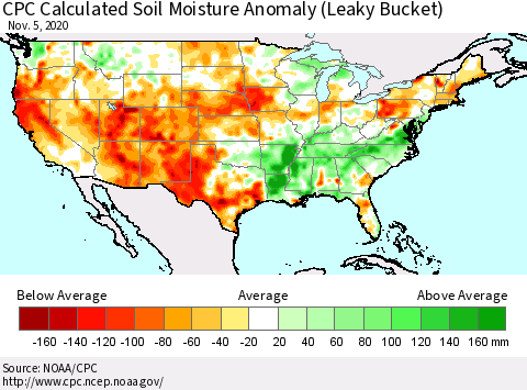 United States CPC Soil Moisture Departure from Normal (Leaky Bucket) Thematic Map For 11/1/2020 - 11/5/2020