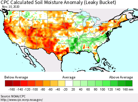 United States CPC Soil Moisture Departure from Normal (Leaky Bucket) Thematic Map For 11/6/2020 - 11/10/2020