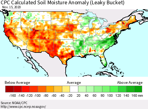 United States CPC Calculated Soil Moisture Anomaly (Leaky Bucket) Thematic Map For 11/11/2020 - 11/15/2020
