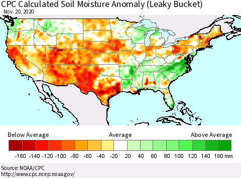 United States CPC Soil Moisture Departure from Normal (Leaky Bucket) Thematic Map For 11/16/2020 - 11/20/2020