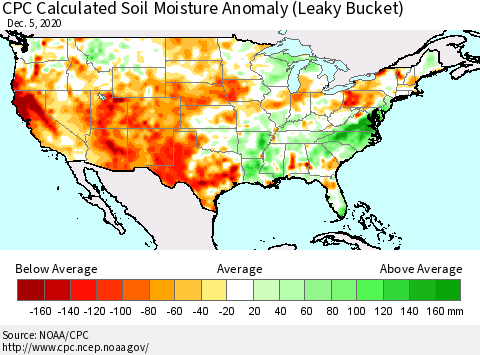 United States CPC Calculated Soil Moisture Anomaly (Leaky Bucket) Thematic Map For 12/1/2020 - 12/5/2020