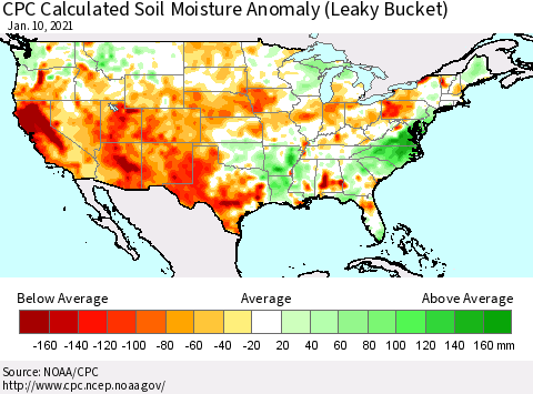 United States CPC Soil Moisture Departure from Normal (Leaky Bucket) Thematic Map For 1/6/2021 - 1/10/2021