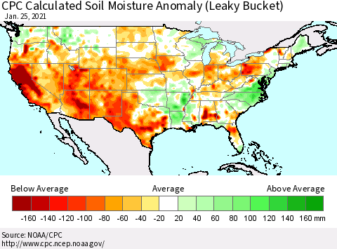 United States CPC Soil Moisture Departure from Normal (Leaky Bucket) Thematic Map For 1/21/2021 - 1/25/2021