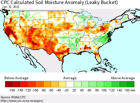 United States CPC Soil Moisture Departure from Normal (Leaky Bucket) Thematic Map For 1/26/2021 - 1/31/2021