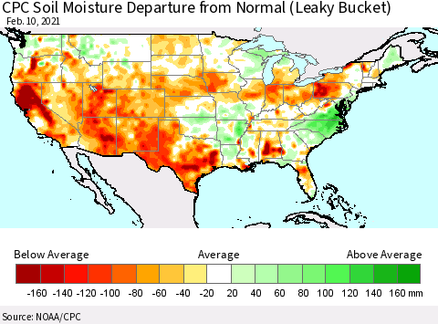 United States CPC Calculated Soil Moisture Anomaly (Leaky Bucket) Thematic Map For 2/6/2021 - 2/10/2021