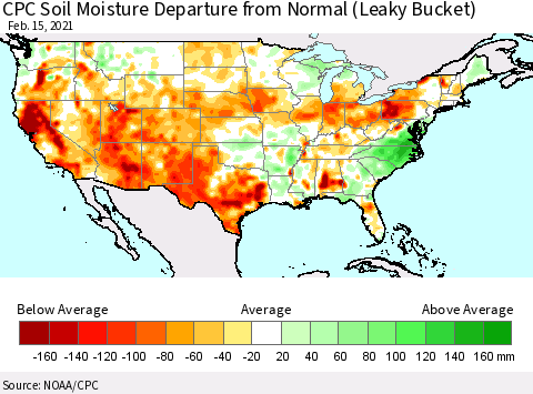 United States CPC Calculated Soil Moisture Anomaly (Leaky Bucket) Thematic Map For 2/11/2021 - 2/15/2021