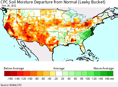 United States CPC Soil Moisture Departure from Normal (Leaky Bucket) Thematic Map For 2/16/2021 - 2/20/2021