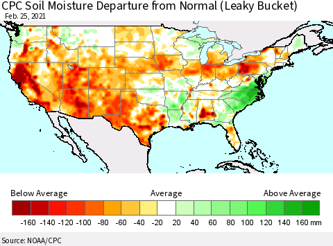 United States CPC Soil Moisture Departure from Normal (Leaky Bucket) Thematic Map For 2/21/2021 - 2/25/2021