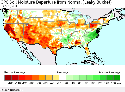 United States CPC Calculated Soil Moisture Anomaly (Leaky Bucket) Thematic Map For 2/26/2021 - 2/28/2021