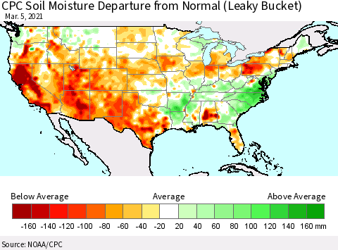 United States CPC Calculated Soil Moisture Anomaly (Leaky Bucket) Thematic Map For 3/1/2021 - 3/5/2021