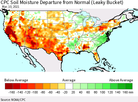 United States CPC Calculated Soil Moisture Anomaly (Leaky Bucket) Thematic Map For 3/6/2021 - 3/10/2021