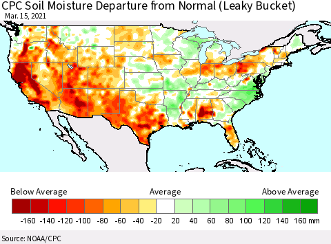 United States CPC Calculated Soil Moisture Anomaly (Leaky Bucket) Thematic Map For 3/11/2021 - 3/15/2021