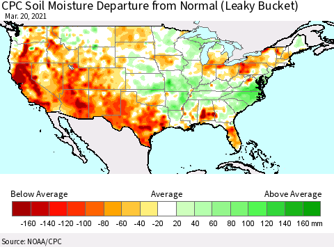 United States CPC Soil Moisture Departure from Normal (Leaky Bucket) Thematic Map For 3/16/2021 - 3/20/2021