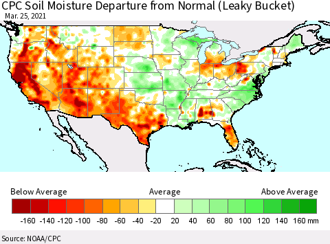 United States CPC Calculated Soil Moisture Anomaly (Leaky Bucket) Thematic Map For 3/21/2021 - 3/25/2021