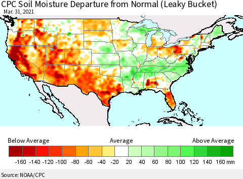 United States CPC Calculated Soil Moisture Anomaly (Leaky Bucket) Thematic Map For 3/26/2021 - 3/31/2021