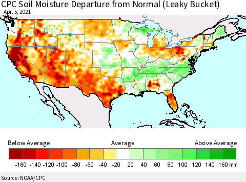 United States CPC Soil Moisture Departure from Normal (Leaky Bucket) Thematic Map For 4/1/2021 - 4/5/2021