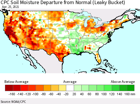 United States CPC Calculated Soil Moisture Anomaly (Leaky Bucket) Thematic Map For 4/21/2021 - 4/25/2021